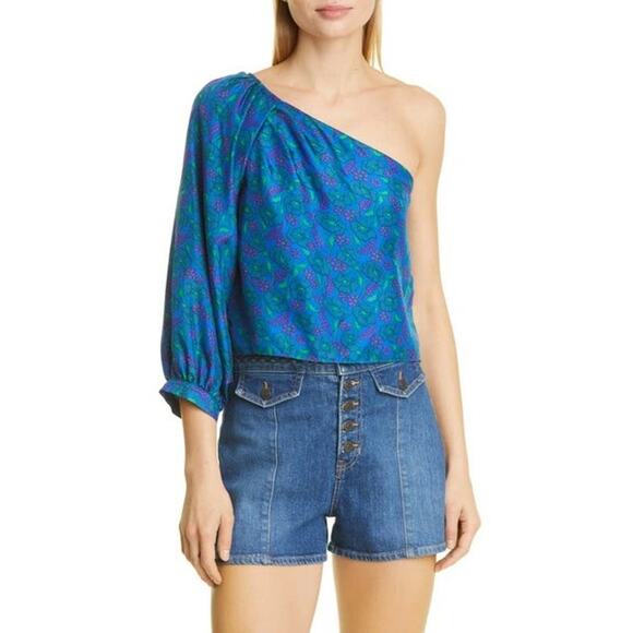 Veronica Beard Lyric Floral Print One-Shoulder Silk Blouse Blue 2 NEW - Picture 1 of 8